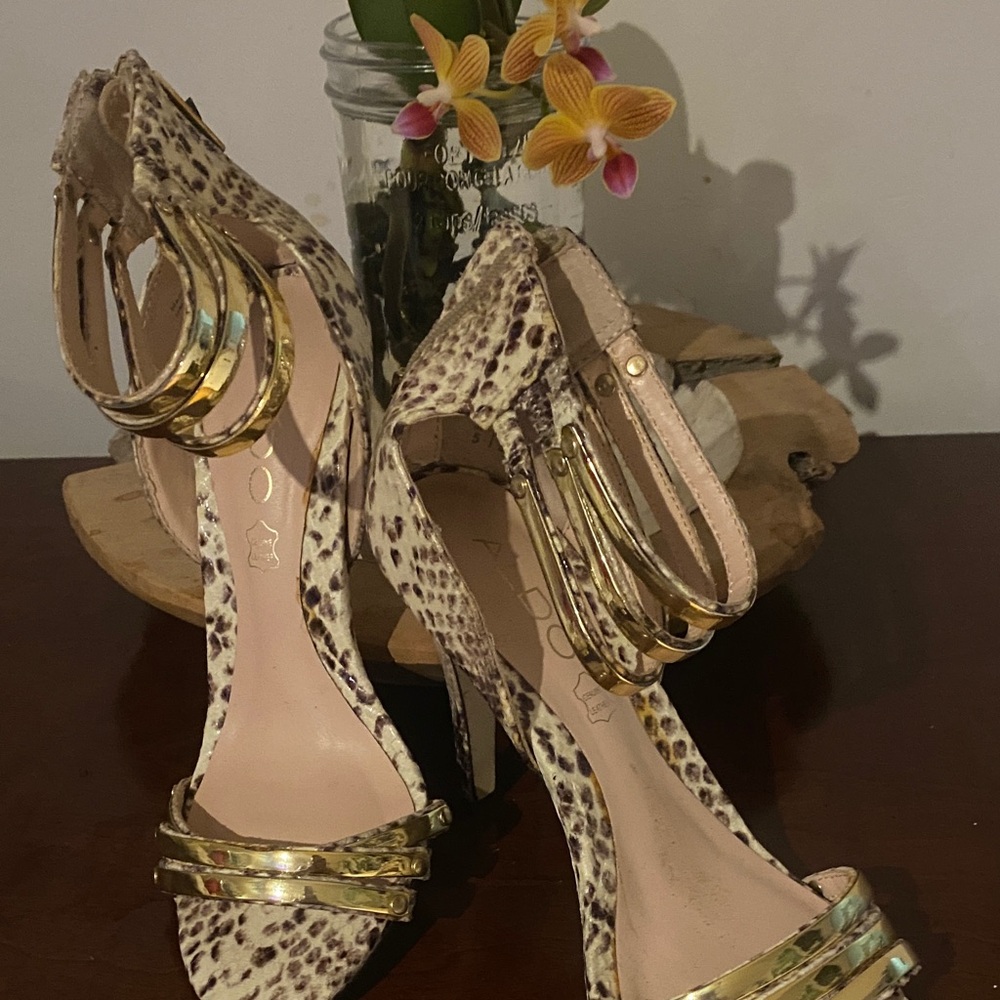 Aldo Snake Print Heels with Gold Accents